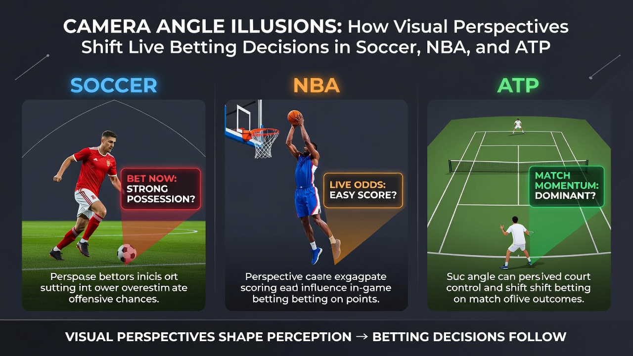 Multiple camera perspectives during an NBA game highlighting how different angles alter bettor views of player spacing and shot difficulty
