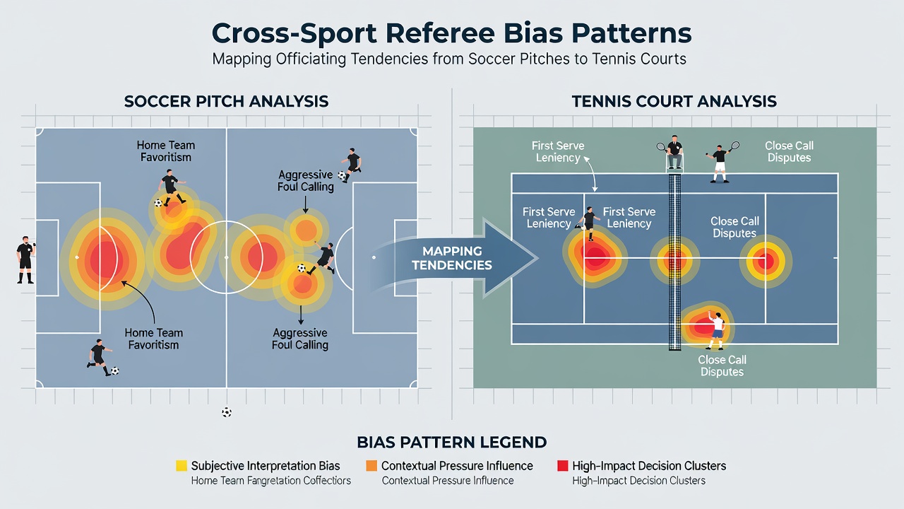 Tennis umpire decision data overlaid with soccer referee statistics showing cross-sport correlations