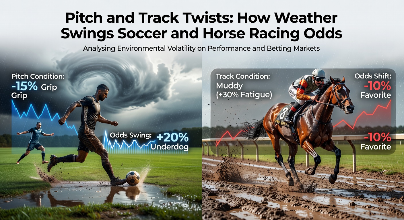A soccer pitch soaked in heavy rain with players sliding through puddles, while dark clouds loom overhead, illustrating how wet conditions transform gameplay and betting lines