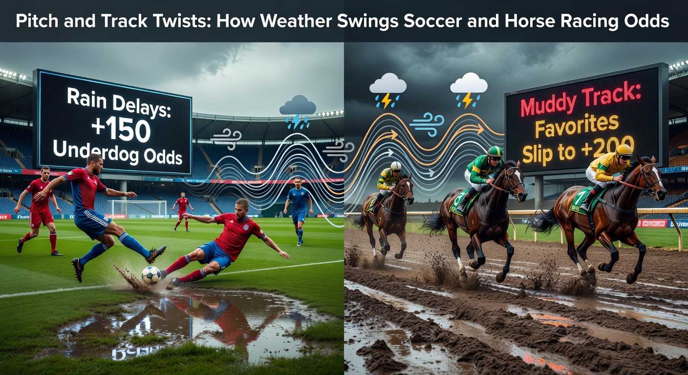 Horse racing track churned into deep mud by relentless rain, with jockeys urging tired horses through the slop under gray skies, capturing the chaos that reshapes betting markets